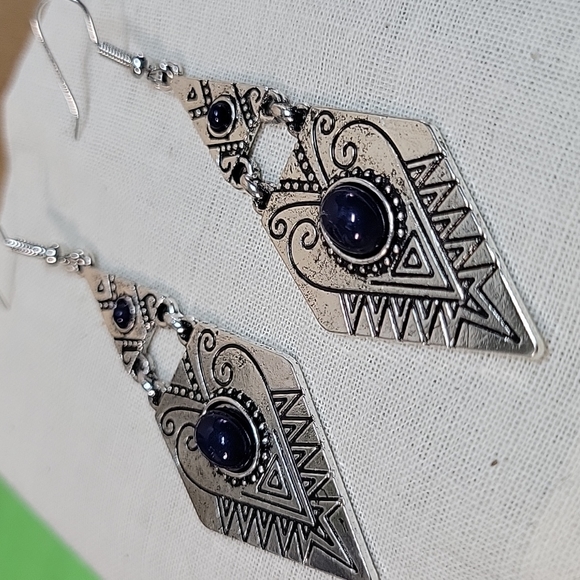 Lapis Geometric Aztec Scrolled Hinge Dangle Earrings - Picture 8 of 8